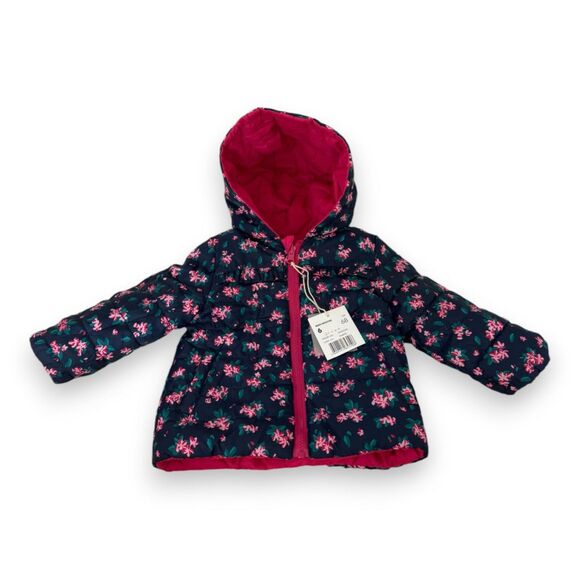 Du Pareil Au Meme Reversible Puffer Jacket 6 Months Bright Pink Navy Floral NWT - Picture 4 of 5